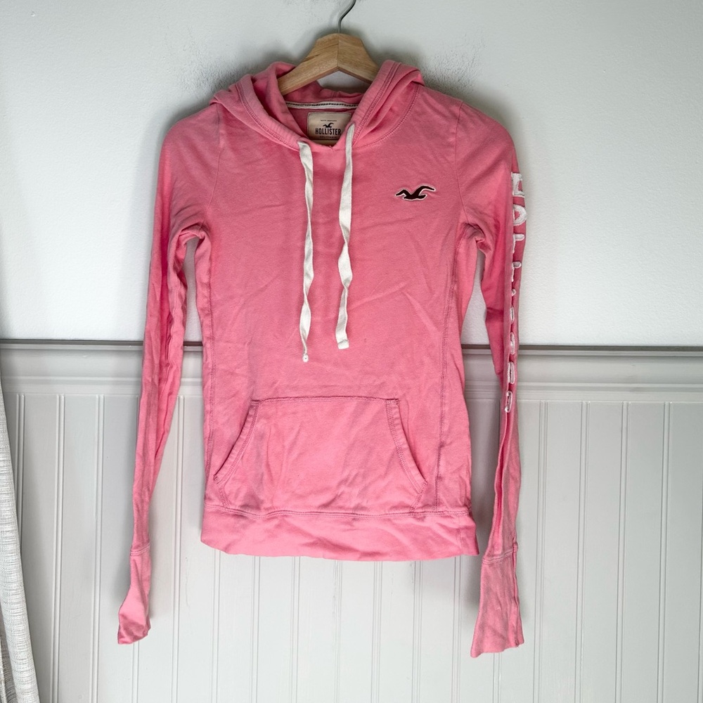 Y2K Hollister Small Pink Hooded Long Sleeve Tee Logo Drawstring Hoodie